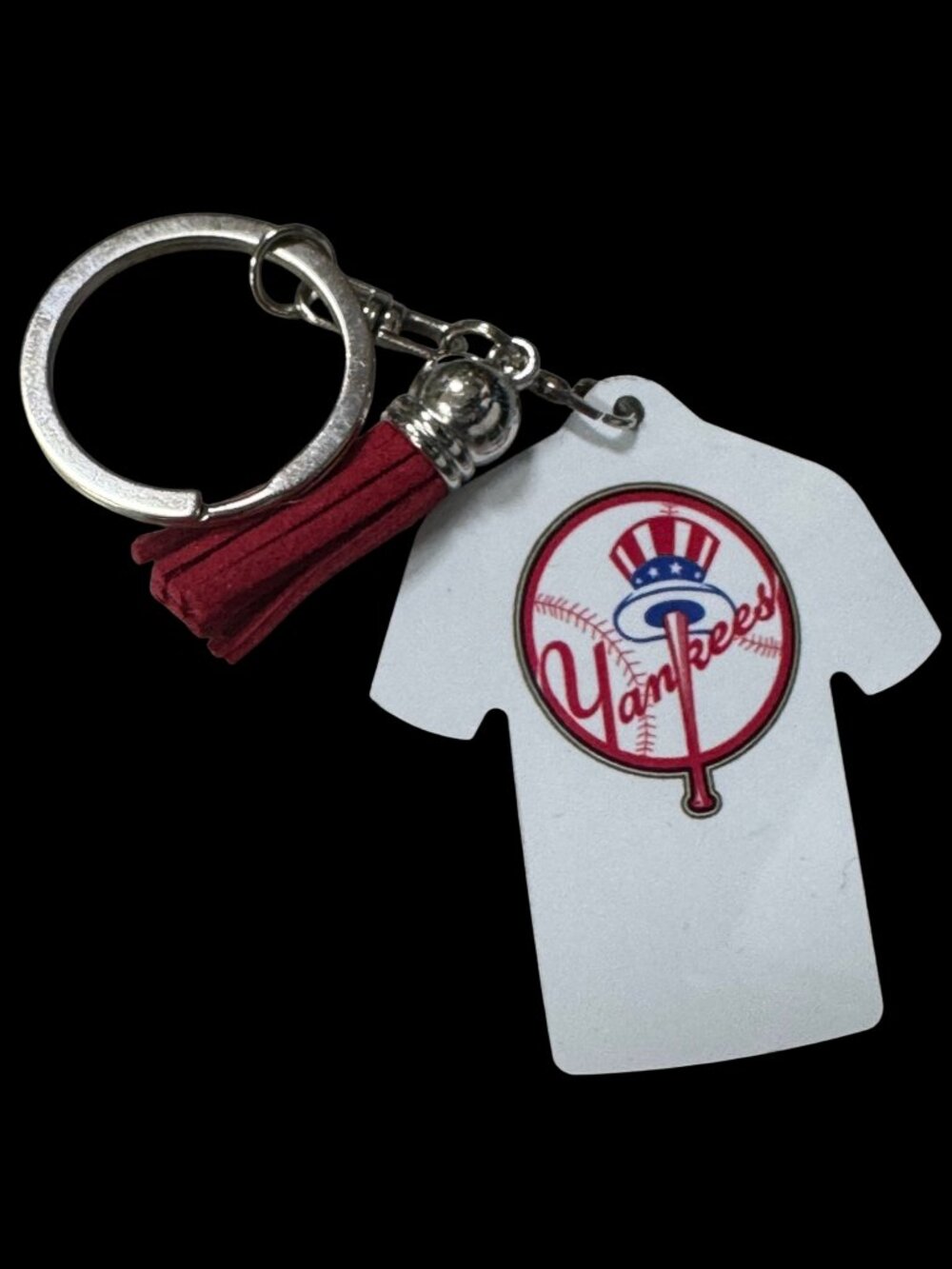 Yankees Baseball Jersey-Shaped Keychain with Red Tassel, Silver Ring, Sports Fan